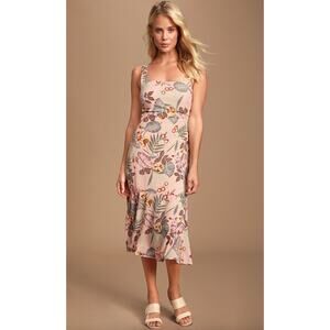 Lulus Island Sun Blush Pink‎ Tropical Print Tie-Back Midi Dress Open Back Small